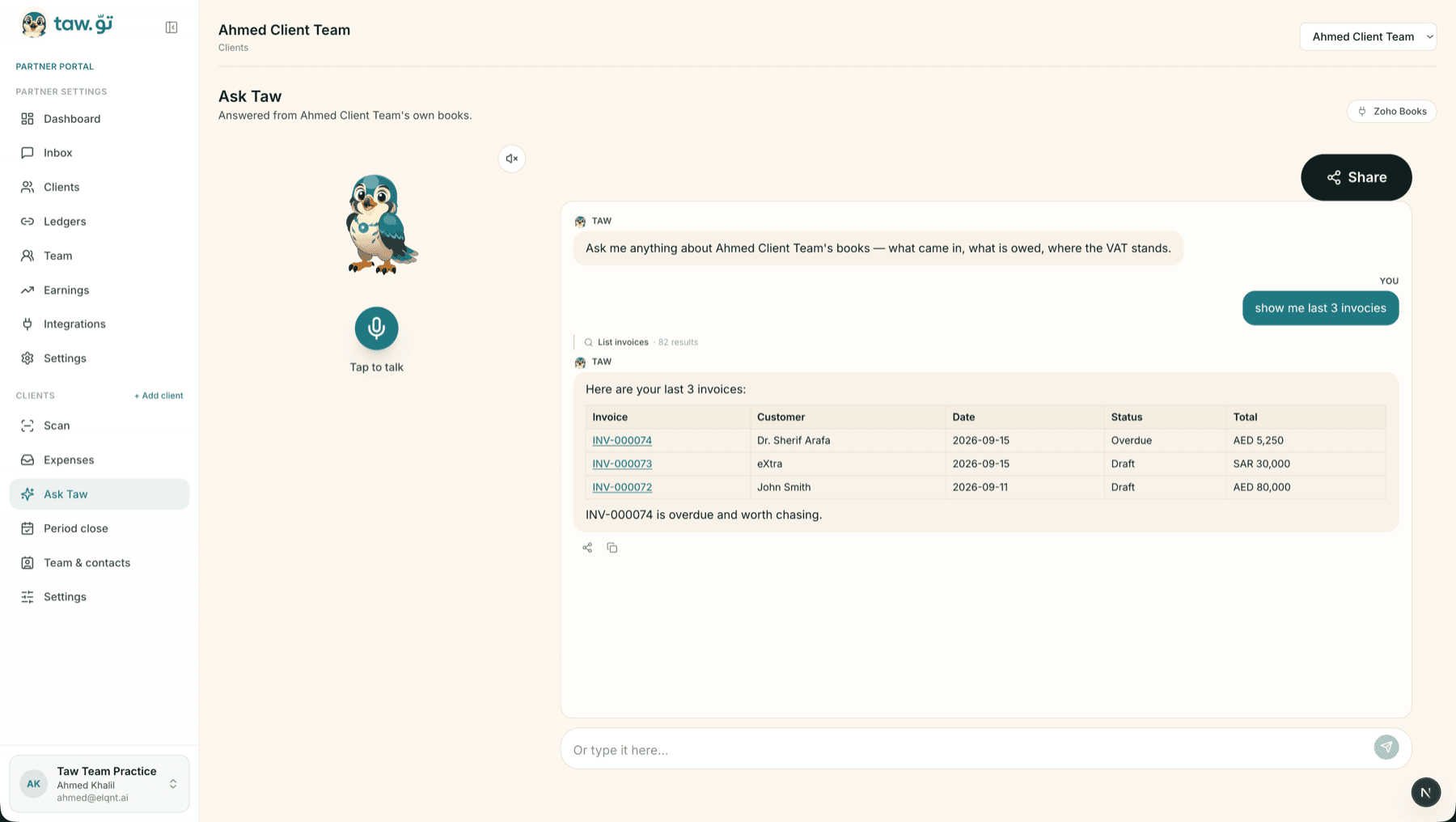 Ask Taw in the partner portal: a client selected at the top, asked for their last three invoices, answered from that client's own Zoho Books as a table.