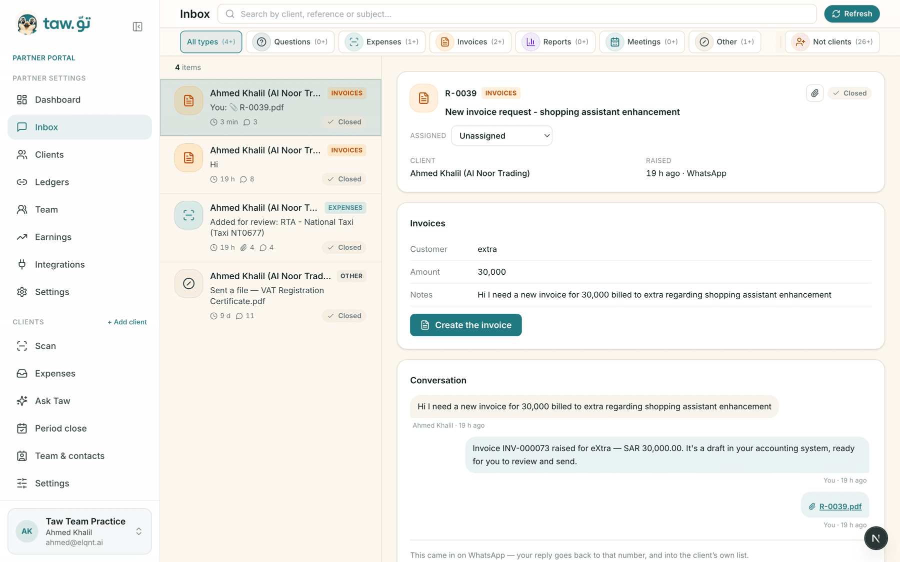 The Inbox screen in Taw: client requests filtered by type — questions, expenses, invoices, reports, meetings — with the conversation and the action beside it.