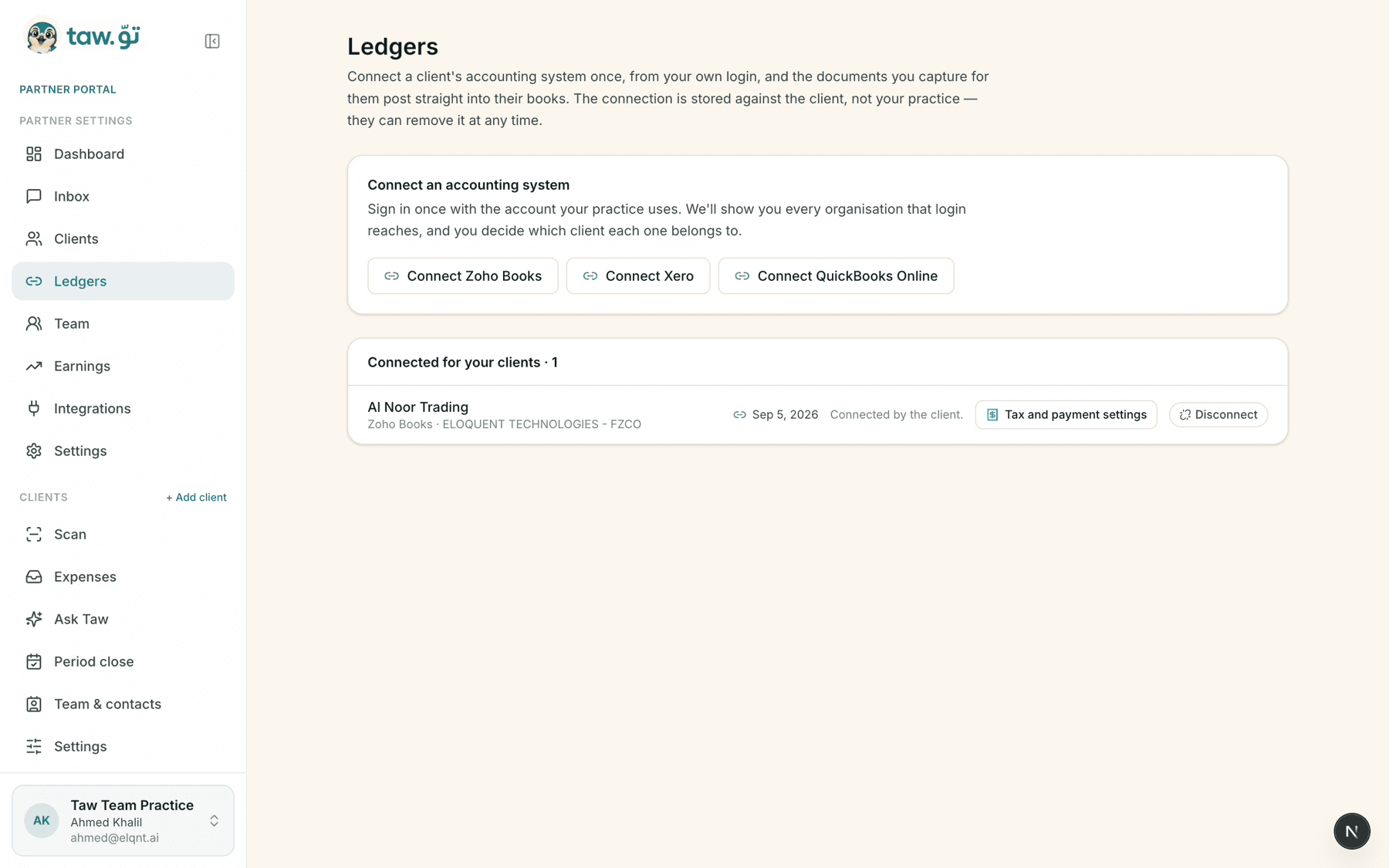 The Ledgers screen in Taw: connect Zoho Books, Xero or QuickBooks Online, and the list of which client each connected organisation belongs to.