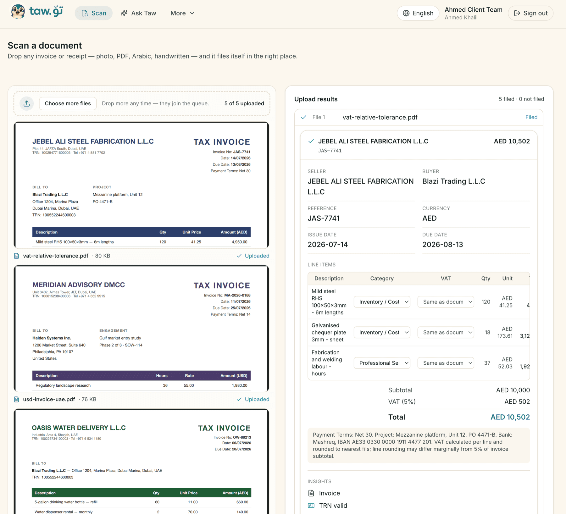 Scanning on the web: five supplier invoices uploaded at once on the left, and on the right the fields Taw read out of one — seller, buyer, reference, dates, line items with category and VAT, totals — with the TRN checked.